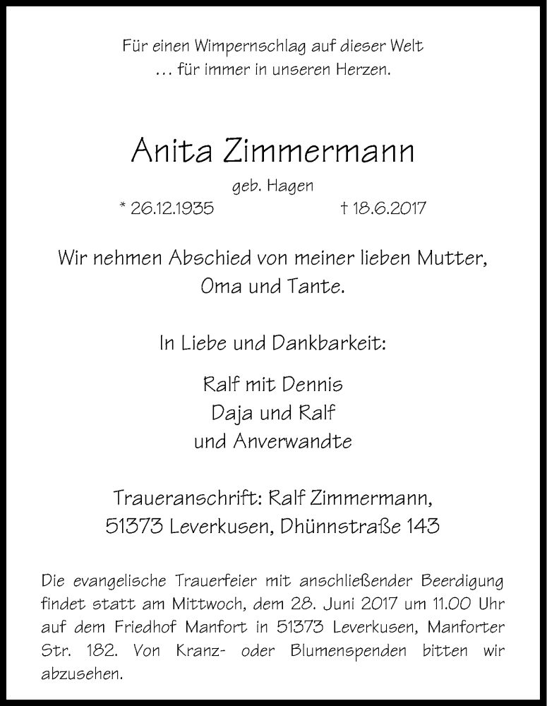  Traueranzeige für Anita Zimmermann vom 24.06.2017 aus Kölner Stadt-Anzeiger / Kölnische Rundschau / Express