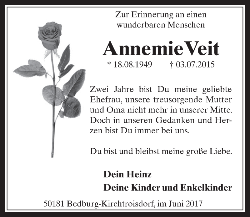  Traueranzeige für Annemie Veit vom 28.06.2017 aus  Werbepost 