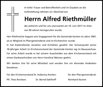 Anzeige von Alfred Riethmüller von Kölner Stadt-Anzeiger / Kölnische Rundschau / Express