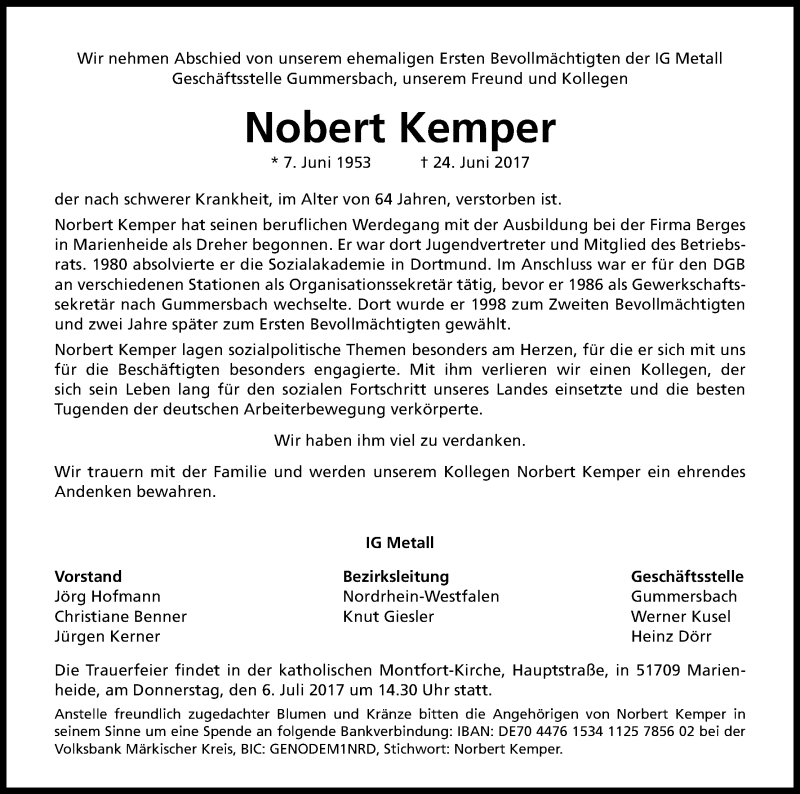  Traueranzeige für Norbert Kemper vom 01.07.2017 aus Kölner Stadt-Anzeiger / Kölnische Rundschau / Express