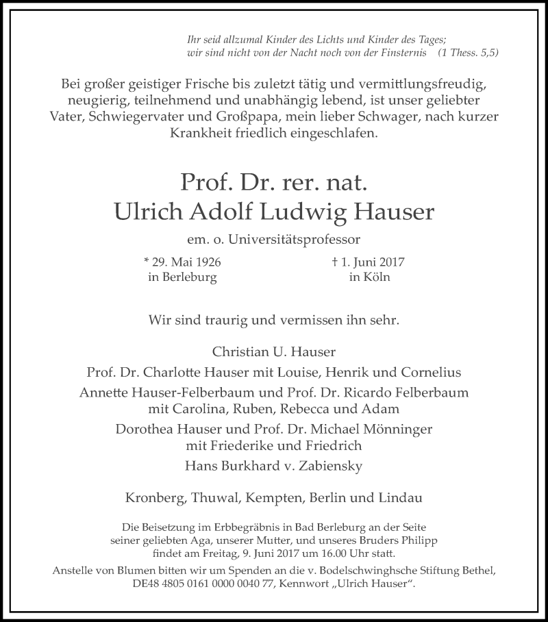  Traueranzeige für Ulrich Adolf Ludwig Hauser vom 06.06.2017 aus Kölner Stadt-Anzeiger / Kölnische Rundschau / Express