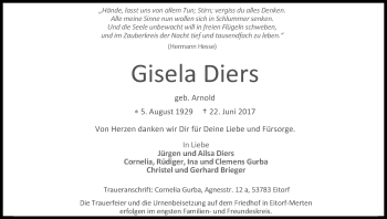 Anzeige von Gisela Diers von Kölner Stadt-Anzeiger / Kölnische Rundschau / Express