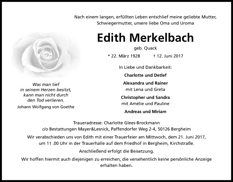  Traueranzeige für Edith Merkelbach vom 17.06.2017 aus Kölner Stadt-Anzeiger / Kölnische Rundschau / Express
