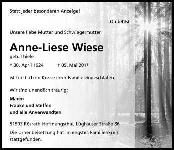 Anzeige von Anne-Liese Wiese von Kölner Stadt-Anzeiger / Kölnische Rundschau / Express