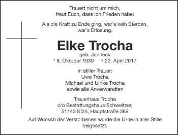 Anzeige von Elke Trocha von  Kölner Wochenspiegel 