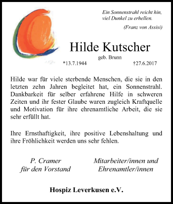 Anzeige von Hilde Kutscher von Kölner Stadt-Anzeiger / Kölnische Rundschau / Express