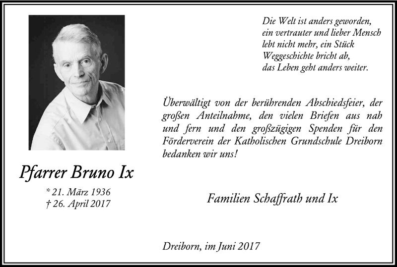  Traueranzeige für Bruno Ix vom 17.06.2017 aus Kölner Stadt-Anzeiger / Kölnische Rundschau / Express