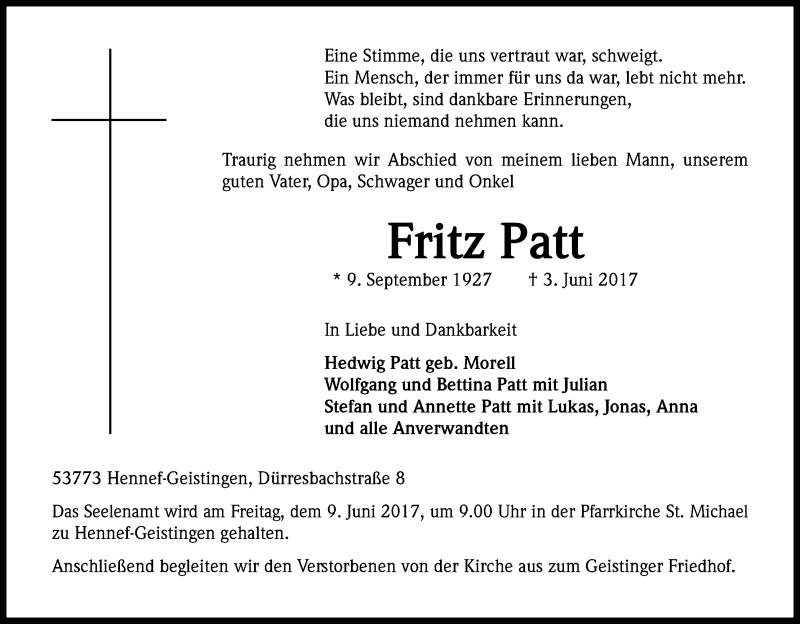  Traueranzeige für Fritz Patt vom 07.06.2017 aus Kölner Stadt-Anzeiger / Kölnische Rundschau / Express