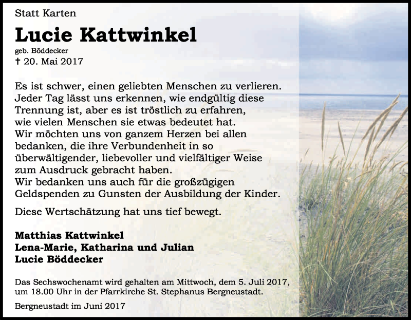  Traueranzeige für Lucie Kattwinkel vom 01.07.2017 aus Kölner Stadt-Anzeiger / Kölnische Rundschau / Express