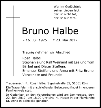 Anzeige von Bruno Halbe von Kölner Stadt-Anzeiger / Kölnische Rundschau / Express