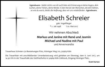 Anzeige von Elisabeth Schreiner von Kölner Stadt-Anzeiger / Kölnische Rundschau / Express