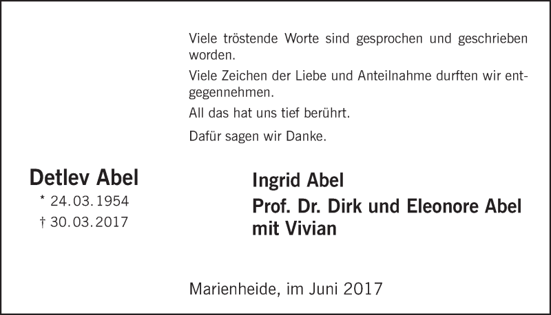  Traueranzeige für Detlev Abel vom 21.06.2017 aus  Anzeigen Echo 