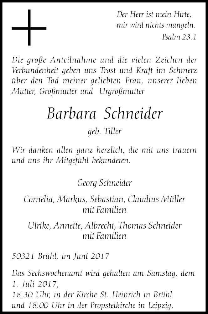  Traueranzeige für Barbara Schneider vom 21.06.2017 aus Kölner Stadt-Anzeiger / Kölnische Rundschau / Express