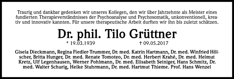  Traueranzeige für Tilo Grüttner vom 17.06.2017 aus Kölner Stadt-Anzeiger / Kölnische Rundschau / Express