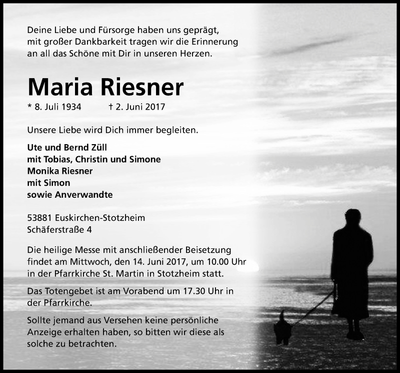  Traueranzeige für Maria Riesner vom 10.06.2017 aus  Blickpunkt Euskirchen 