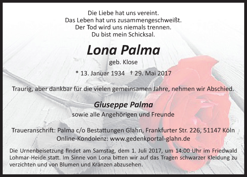  Traueranzeige für Lona Palma vom 14.06.2017 aus  Kölner Wochenspiegel 
