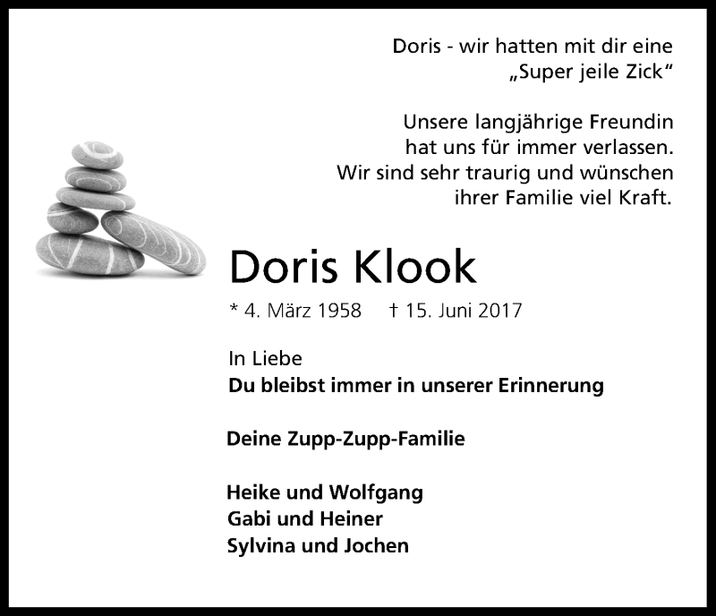  Traueranzeige für Doris Klook vom 22.06.2017 aus Kölner Stadt-Anzeiger / Kölnische Rundschau / Express