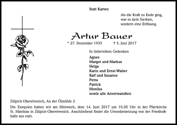 Anzeige von Artur Bauer von Kölner Stadt-Anzeiger / Kölnische Rundschau / Express