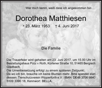 Anzeige von Dorothea Matthiesen von  Bergisches Sonntagsblatt 