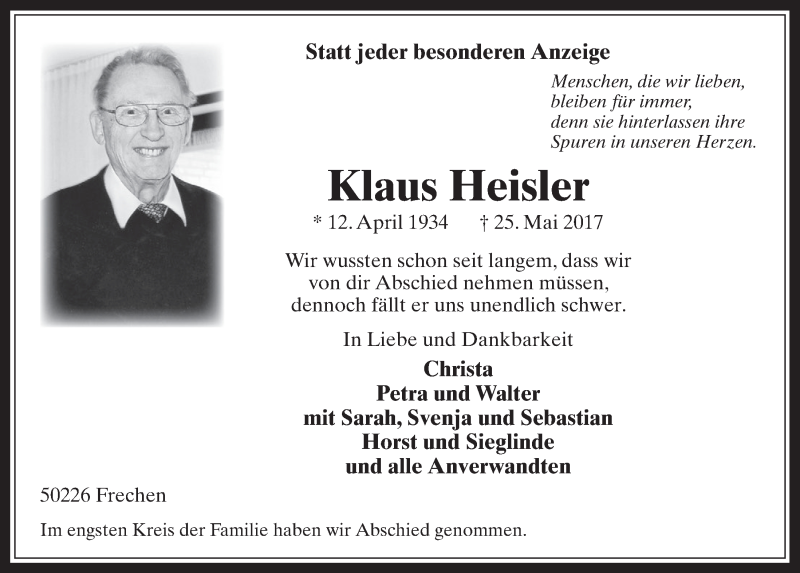  Traueranzeige für Klaus Heisler vom 21.06.2017 aus  Wochenende 