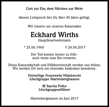 Anzeige von Eckhard Wirths von Kölner Stadt-Anzeiger / Kölnische Rundschau / Express