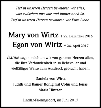 Anzeige von Mary und Egon von Wirtz von Kölner Stadt-Anzeiger / Kölnische Rundschau / Express