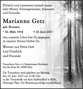 Anzeige von Marianne Getz von Kölner Stadt-Anzeiger / Kölnische Rundschau / Express