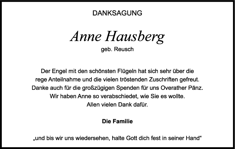  Traueranzeige für Anne Hausberg vom 01.07.2017 aus Kölner Stadt-Anzeiger / Kölnische Rundschau / Express
