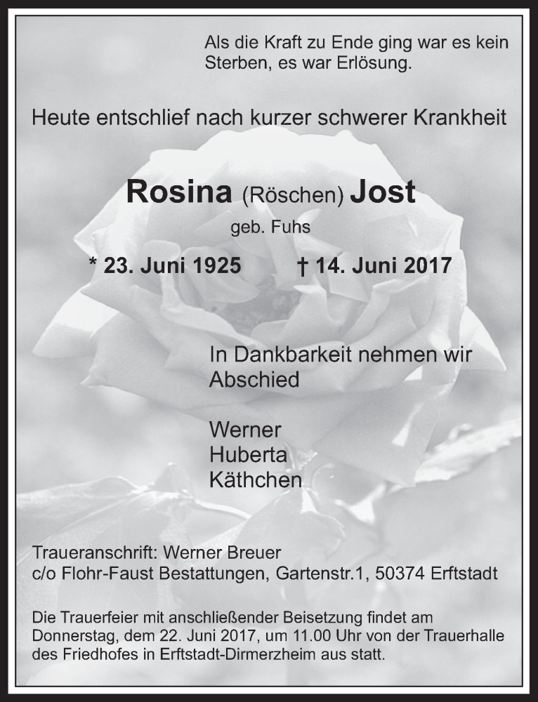  Traueranzeige für Rosina Jost vom 21.06.2017 aus  Werbepost 