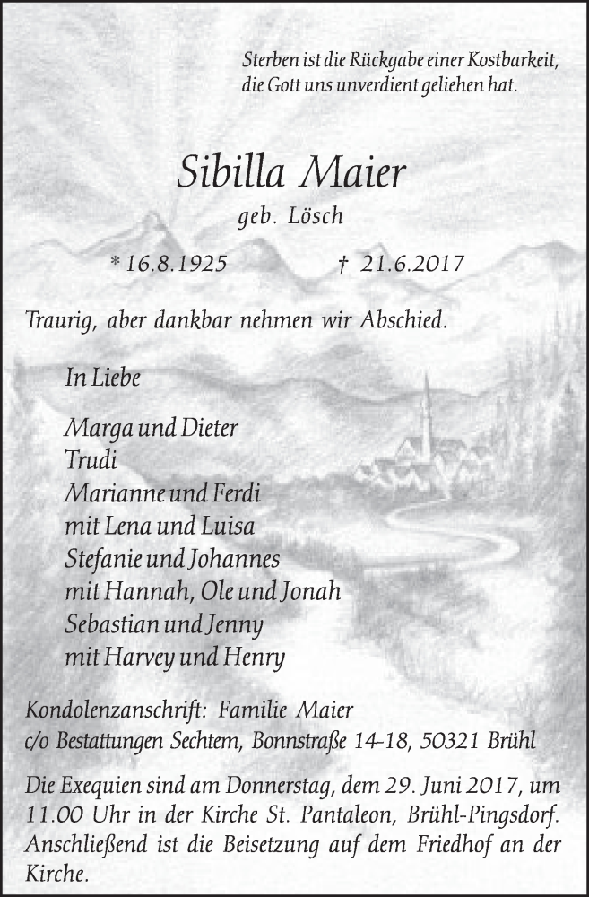  Traueranzeige für Sibilla Maier vom 28.06.2017 aus  Schlossbote/Werbekurier 