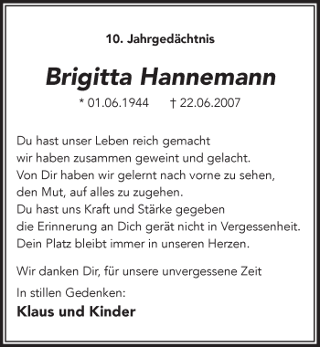 Anzeige von Brigitta Hannemann von  Extra Blatt 