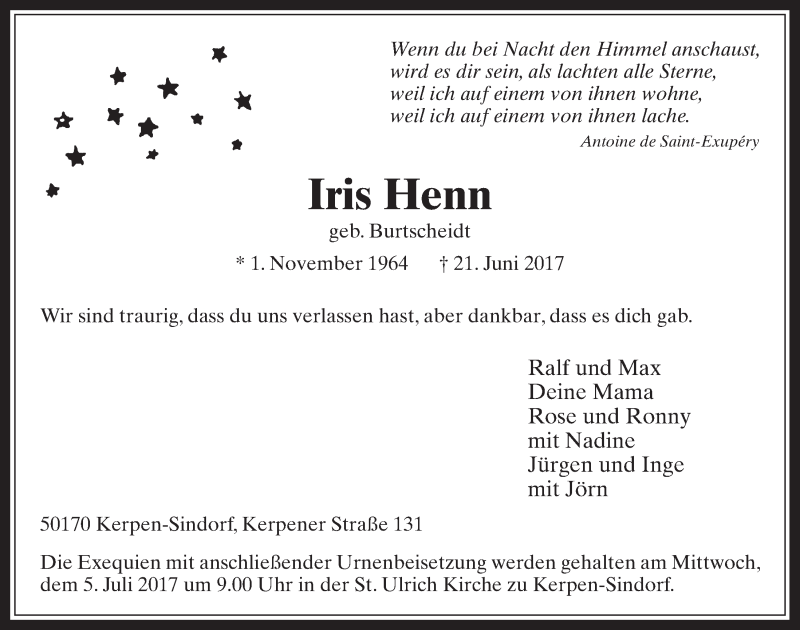  Traueranzeige für Iris Henn vom 01.07.2017 aus  Sonntags-Post 