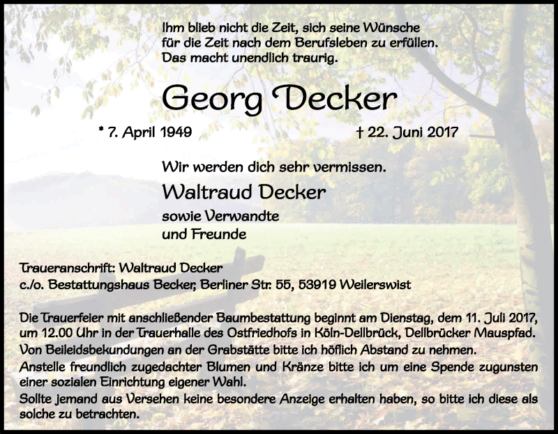  Traueranzeige für Georg Decker vom 01.07.2017 aus Kölner Stadt-Anzeiger / Kölnische Rundschau / Express