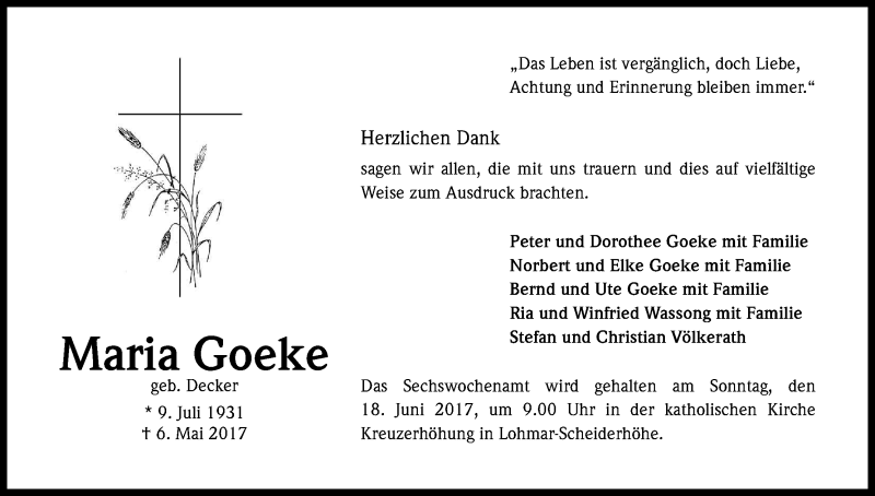  Traueranzeige für Maria Goeke vom 10.06.2017 aus Kölner Stadt-Anzeiger / Kölnische Rundschau / Express