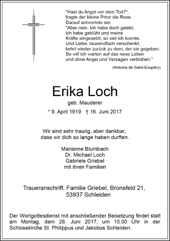 Anzeige von Erika Loch von  Rhein-Sieg-Wochenende 