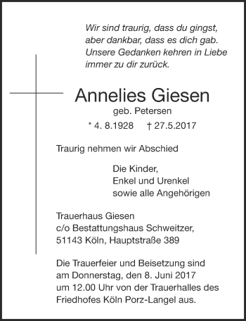 Anzeige von Annelies Giesen von  Kölner Wochenspiegel 