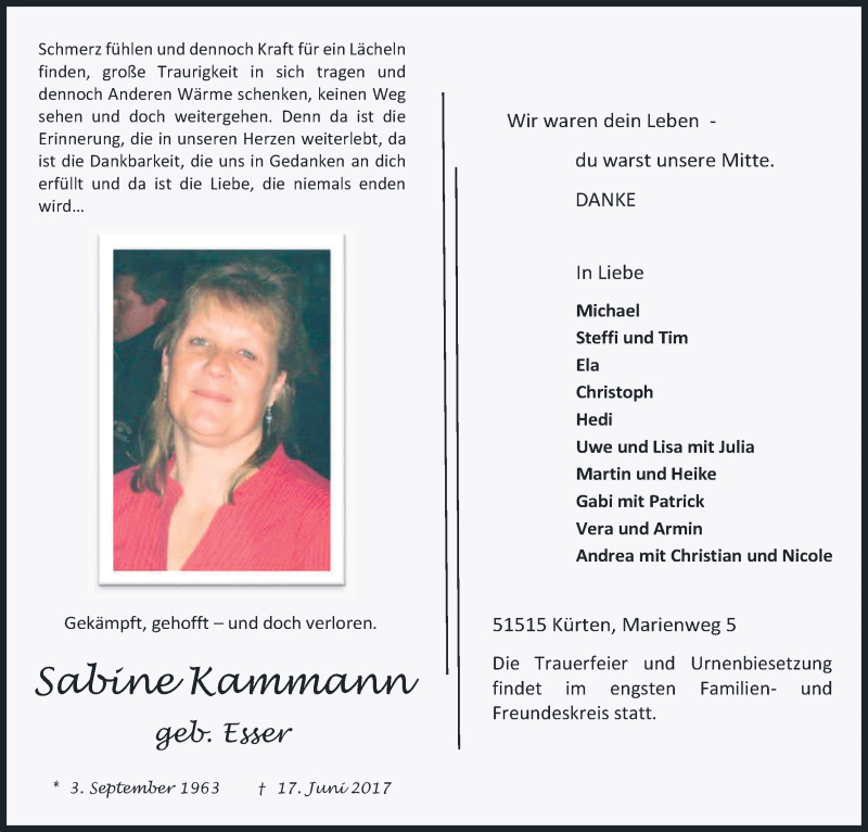 Traueranzeige für Sabine Kammann vom 21.06.2017 aus Kölner Stadt-Anzeiger / Kölnische Rundschau / Express