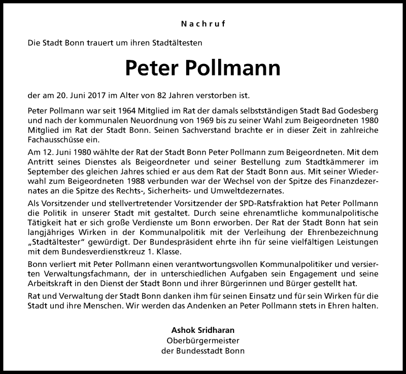  Traueranzeige für Peter Pollmann vom 24.06.2017 aus Kölner Stadt-Anzeiger / Kölnische Rundschau / Express