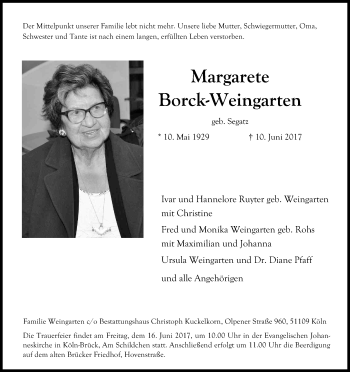 Anzeige von Margarete Borck-Weingarten von Kölner Stadt-Anzeiger / Kölnische Rundschau / Express