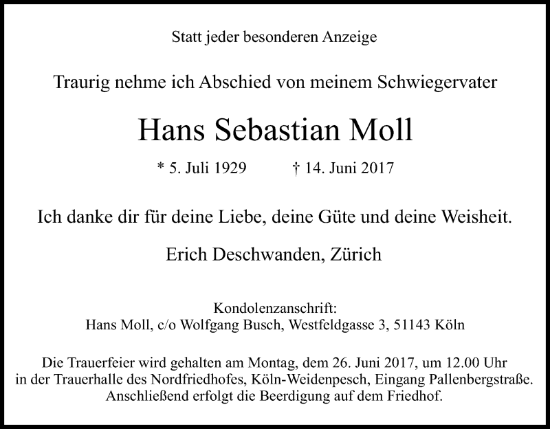  Traueranzeige für Hans Sebastian Moll vom 24.06.2017 aus Kölner Stadt-Anzeiger / Kölnische Rundschau / Express