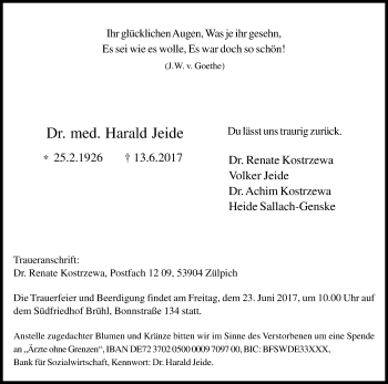 Anzeige von Harald Jeide von Kölner Stadt-Anzeiger / Kölnische Rundschau / Express
