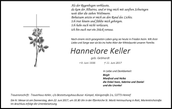 Anzeige von Hannelore Keller von Kölner Stadt-Anzeiger / Kölnische Rundschau / Express