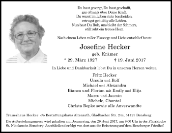 Anzeige von Josefine Hecker von Kölner Stadt-Anzeiger / Kölnische Rundschau / Express