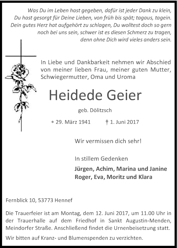  Traueranzeige für Heidede Geier vom 03.06.2017 aus Kölner Stadt-Anzeiger / Kölnische Rundschau / Express