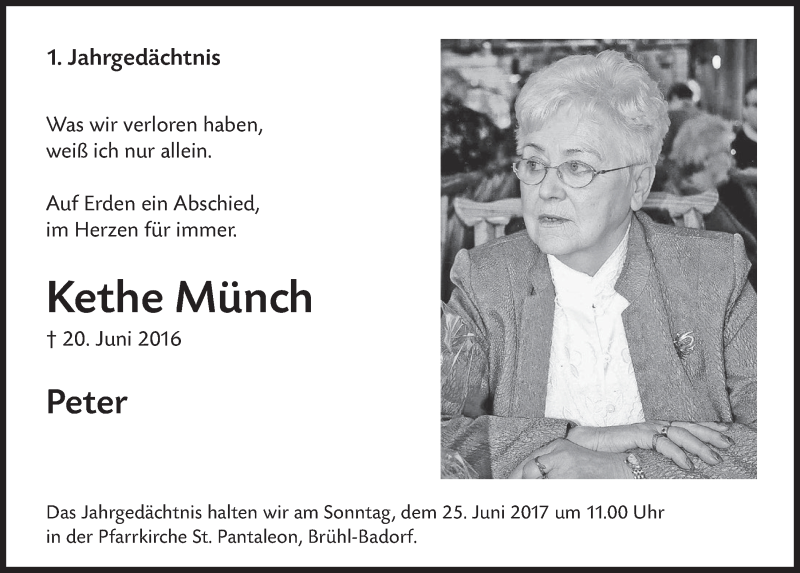  Traueranzeige für Kethe Münch vom 14.06.2017 aus  Schlossbote/Werbekurier 