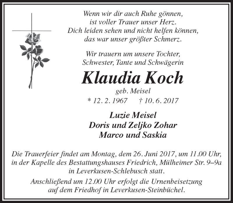  Traueranzeige für Klaudia Koch vom 21.06.2017 aus  Lokale Informationen 