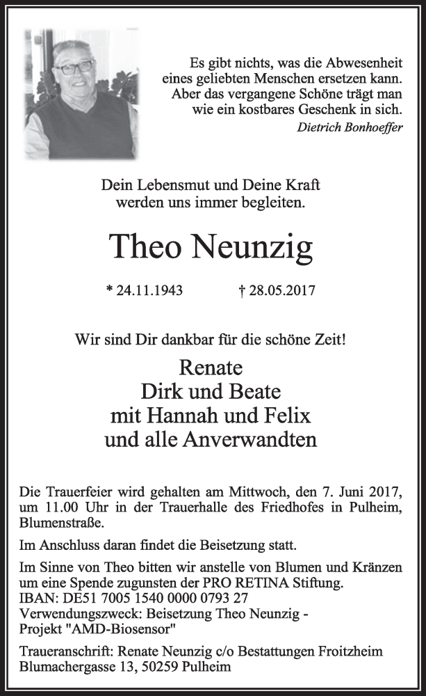  Traueranzeige für Theo Neunzig vom 03.06.2017 aus  Sonntags-Post 