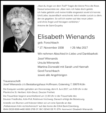 Anzeige von Elisabeth Wienands von Kölner Stadt-Anzeiger / Kölnische Rundschau / Express