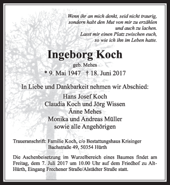 Anzeige von Ingeborg Koch von  Wochenende 