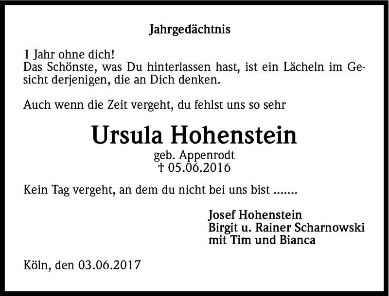  Traueranzeige für Ursula Hohenstein vom 03.06.2017 aus Kölner Stadt-Anzeiger / Kölnische Rundschau / Express